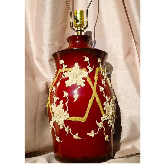 Gorgeous VTG MCM Hollywood Regency Chrysanthemums/Bamboo relief Table Lamp - Picture 11 of 14